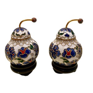 Cloisonne Mini Ginger Jars Set of Two Wooden Stands Brass Enamel