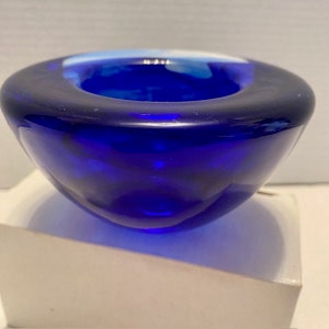 Kosta Boda Art Glass Cobalt Blue Swirl Candle Holder Made in Sweden Vintage 1980s