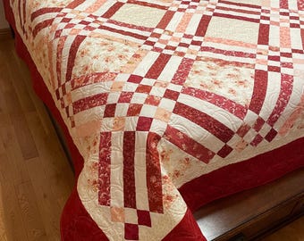 Handmade Irish Chain Quilt, Full/Double Size, Red Peach Pink, NewHeirloomQuilts