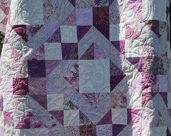 New, Handmade King Size Cotton Quilt 108 x 108” lilac colors