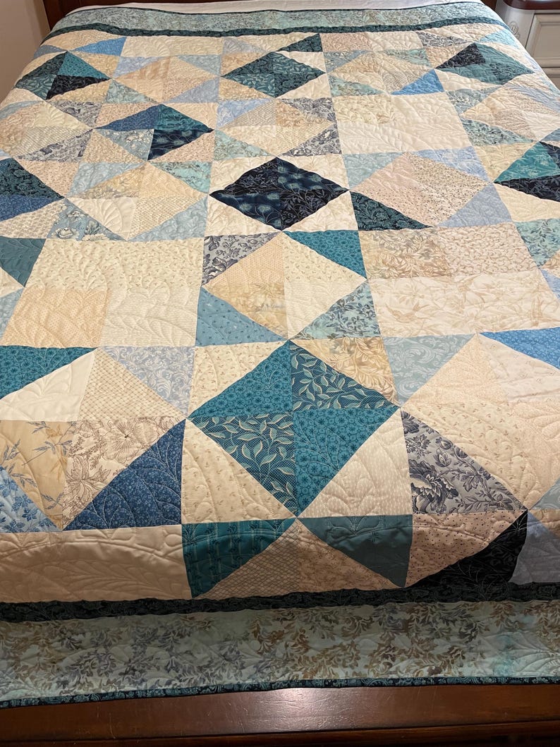 Handmade Blue Star Quilt, Full/Double, Cotton/Wool Batting, Coastal Contemporary Decor image 4