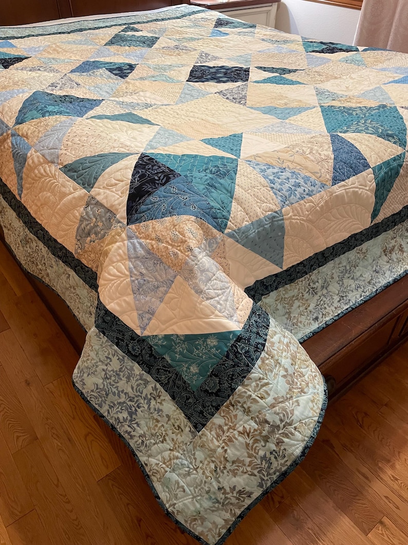 Handmade Blue Star Quilt, Full/Double, Cotton/Wool Batting, Coastal Contemporary Decor image 2