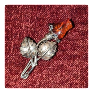 Vintage Sterling Silver Amber Rose Brooch