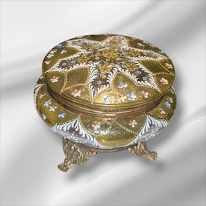 Stunning Handpainted Enamel Antique Moser Footed Dresser Vanity Jar Dish