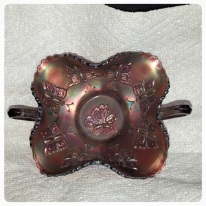 Beautiful, Vintage Fenton Carnival Glass Butterfly Handled Crimped Bowl Dish