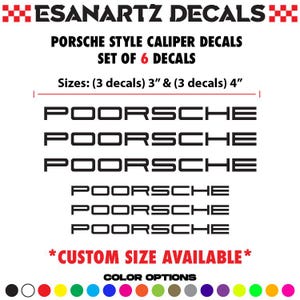 Poorsche Style Caliper Decals: Custom Text, Set of 6