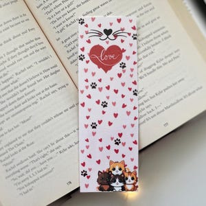 Cute Kitty Bookmark with Red & Pink Hearts, Paw Prints, and Adorable Cats - Perfect Gift for Cat Lovers and Readers!