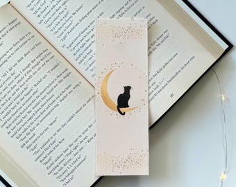 Laminated Pink Bookmark Featuring Crescent Moon & Black Cat - Charming Gold Stars - Perfect for Bookmarks and Gifts!