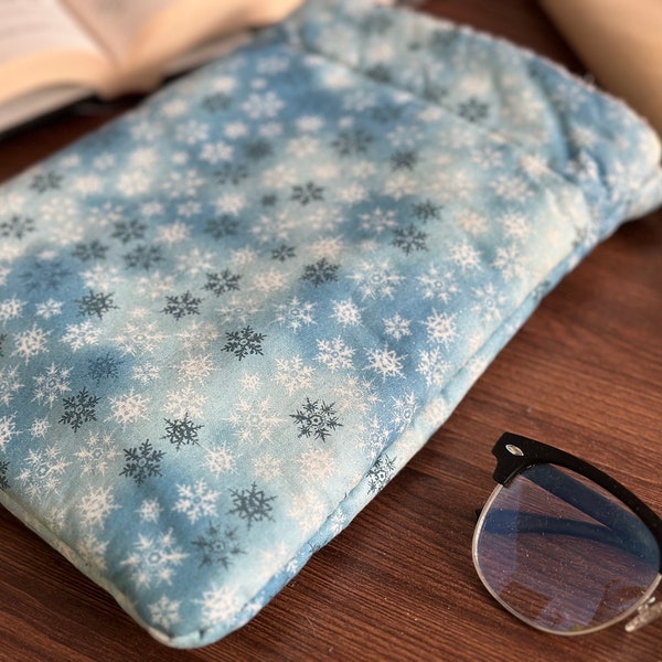 Blue Glitter Snow Flake Book Sleeve Winter Book Protector Snow Print Book Pouch Ebook Cover Kindle Sleeve Travel Gifts for Readers