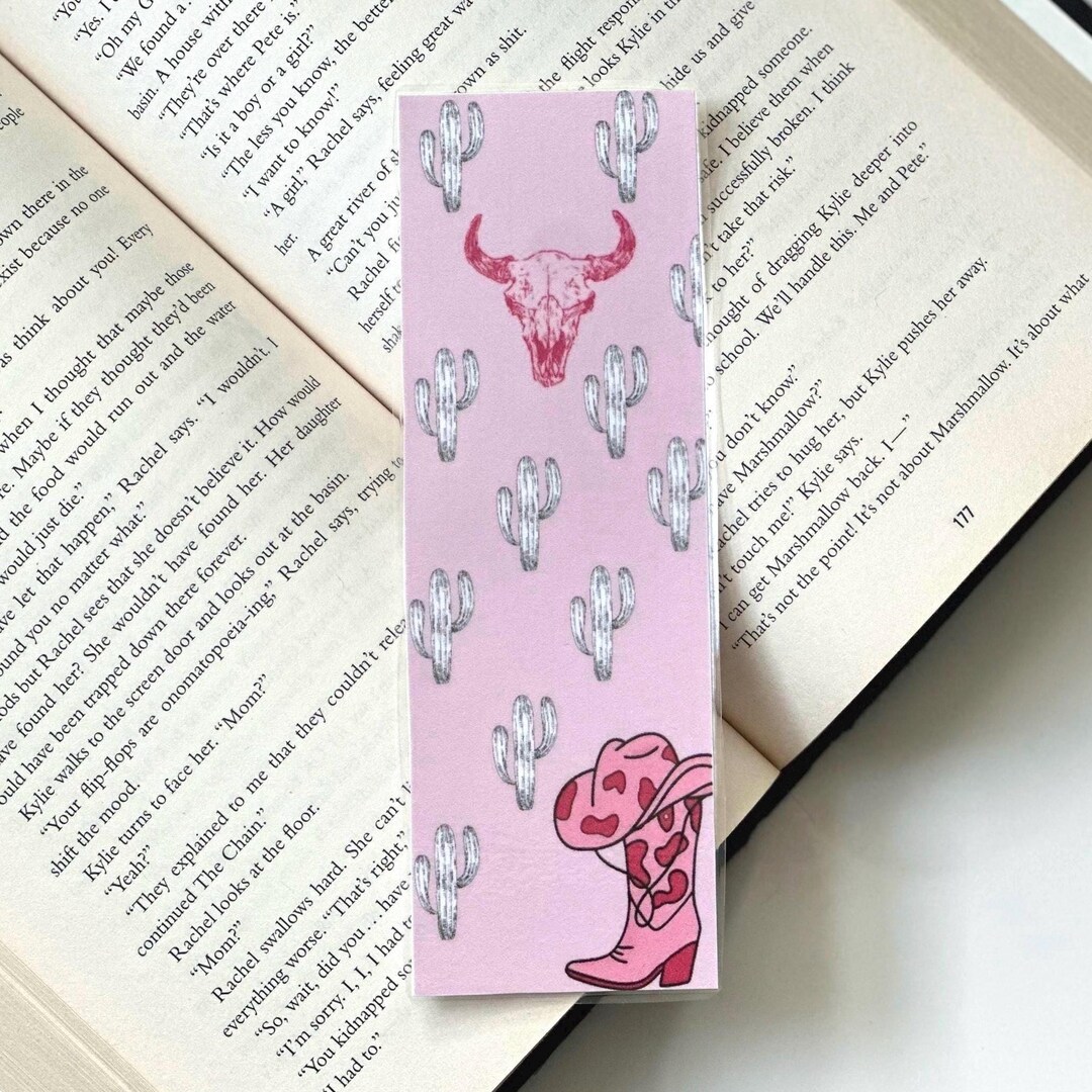Pink Western Bookmark - Cacti Design With Bull & Cowboy Boot - Perfect ...