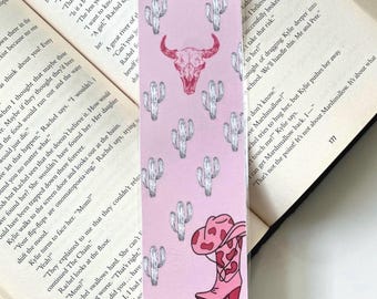 Pink Western Bookmark - Cacti Design with Bull & Cowboy Boot - Perfect for Readers and Book Lovers Gift