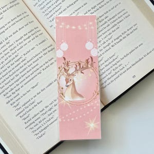 Cute Pink Bookmark with Deer & Christmas Lights | Laminated Gift for Readers | Holiday-themed Book Marker