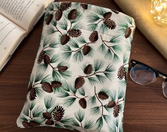 Pochette pour livre en tissu pomme de pin scintillante avec pochette, impression de nature pins, pochette pour livre rembourrée, protection de livre en pin