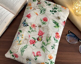 Pochette géométrique hexagonale florale avec poche nid d'abeille rose pochette de livre rembourrée protège-livre cadeaux pour les lecteurs cadeaux livresques