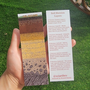 以下が含まれることがあります： 土壌の地平線をカラフルに描いたイラストで、地表から基盤岩までの土壌の異なる層を示しています。各層は、O地平線（腐植土/有機物）、A地平線（表土）、E地平線（浸出）、B地平線（心土）、C地平線（母材）、R地平線（基盤岩）など、名前と説明が付けられています。イラストのタイトルは「土壌の地平線層」で、アーティストの名前とソーシャルメディアのハンドル名が含まれています。