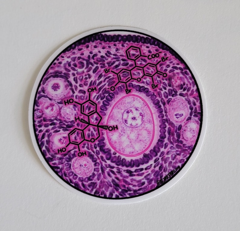 Op de afbeelding: Een ronde sticker met een microscopische afbeelding van een biologisch monster, voornamelijk in roze en paarse tinten. Zwarte chemische structuurdiagrammen zijn over elkaar geplaatst. De sticker heeft een witte rand en een glanzende afwerking.