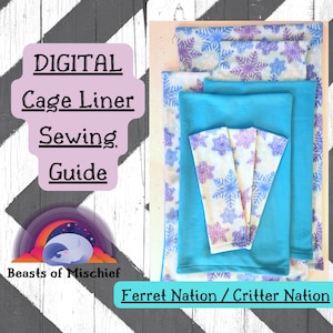 May include: Digital sewing guide for a Ferret Nation or Critter Nation cage liner. The guide shows a stack of fabric pieces with a snowflake pattern in shades of blue and purple.