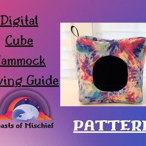 May include: Digital sewing guide pattern for a tie-dye cube hammock. The pattern features a large circle opening and is labelled "PATTERN".