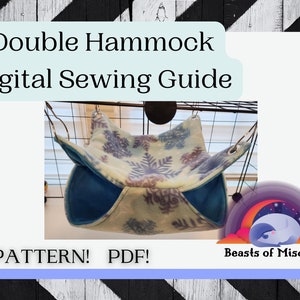 May include: A digital sewing guide for a double hammock, featuring a snowflake patterned fabric. The guide is available as a PDF download. The image also includes the text "Double Hammock Digital Sewing Guide" and "PATTERN! PDF!" along with a logo for "Beasts of Mischief".