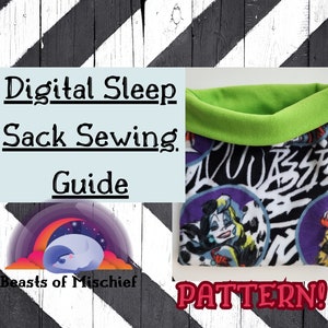 May include: Digital Sleep Sack Sewing Guide pattern with a colorful illustration of a sleeping animal on a cloud and a close-up of a purple and black fleece sleep sack with a green fleece lining.