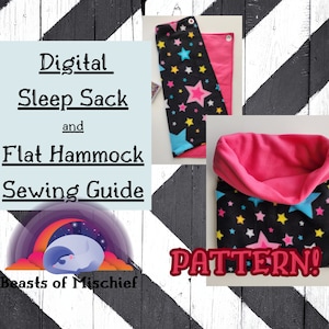 May include: Digital Sleep Sack and Flat Hammock Sewing Guide. The image shows a sleep sack and hammock pattern with a black background and colorful stars. The sleep sack has a pink interior. The text "PATTERN!" is also visible.