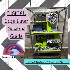 Può includere: Una guida di cucito digitale per realizzare rivestimenti per gabbie per una gabbia Ferret Nation o Critter Nation. L'immagine mostra una gabbia a più livelli con rivestimenti a motivi verdi e neri, un'amaca e una tasca sospesa.