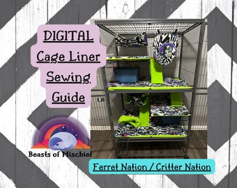 Può includere: Una guida di cucito digitale per realizzare rivestimenti per gabbie per una gabbia Ferret Nation o Critter Nation. L'immagine mostra una gabbia a più livelli con rivestimenti a motivi verdi e neri, un'amaca e una tasca sospesa.