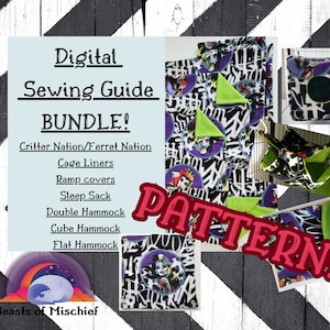 May include: Digital sewing guide bundle for Critter Nation or Ferret Nation cages. Includes patterns for cage liners, ramp covers, sleep sack, double hammock, cube hammock, and flat hammock. The pattern features a black, white, and purple print with a cartoon character.
