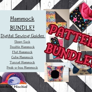 Puede incluir: Un collage de imágenes que muestran diferentes tipos de hamacas para animales pequeños, incluyendo un saco de dormir, una hamaca doble, una hamaca plana, una hamaca cubo, una hamaca túnel y una hamaca peek-a-boo. El texto "Hammock BUNDLE! Digital Sewing Guides" está en la parte superior izquierda de la imagen. El texto "PATTERN BUNDLE!" está en la parte superior derecha de la imagen.