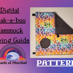May include: Digital sewing guide pattern for a peek-a-boo hammock with a rainbow heart print fabric and a grey fleece lining. The pattern includes instructions for sewing the hammock. "Beasts of Mischief" is printed below the title.