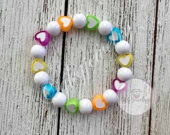 Pulsera de cuentas con corazón arcoíris / Pulsera elástica / Pulsera para niñas / Joyería infantil / Pulsera de corazón colorida / Regalo para niñas
