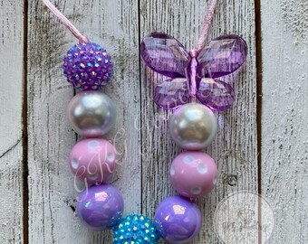 Butterfly Bubblegum Necklace | Purple Pink Kids Necklace | Girls Chunky Necklace | Fairy Princess Jewelry | Handmade Beaded Necklace