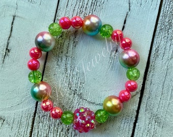 Pink and Green Bubblegum Bracelet | Watermelon Inspired Bracelet | Summer Bracelet | Chunky Girls Bracelet  Stretch Bracelet