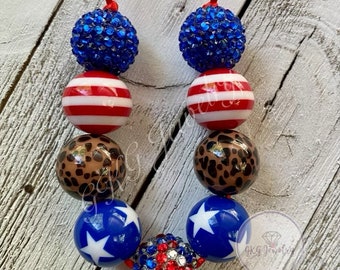 All American Glam Bubblegum Necklace | Patriotic Girls Necklace | Red White Blue Jewelry | 4th of July Kids Necklace | Chunky Beads