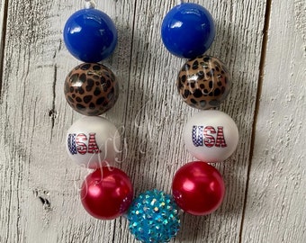 USA Bubblegum Necklace | Patriotic Kids Necklace | Red White Blue Jewelry | Girls Chunky Bead Necklace | 20mm Beads | Toddler Necklace