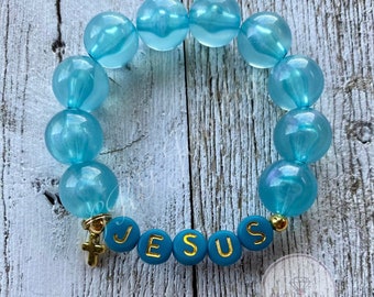Jesus Bracelet with Cross Charm | Christian Beaded Bracelet | Faith Jewelry | Personalized Name Bracelet | Religious Gift | Stretch Bracelet