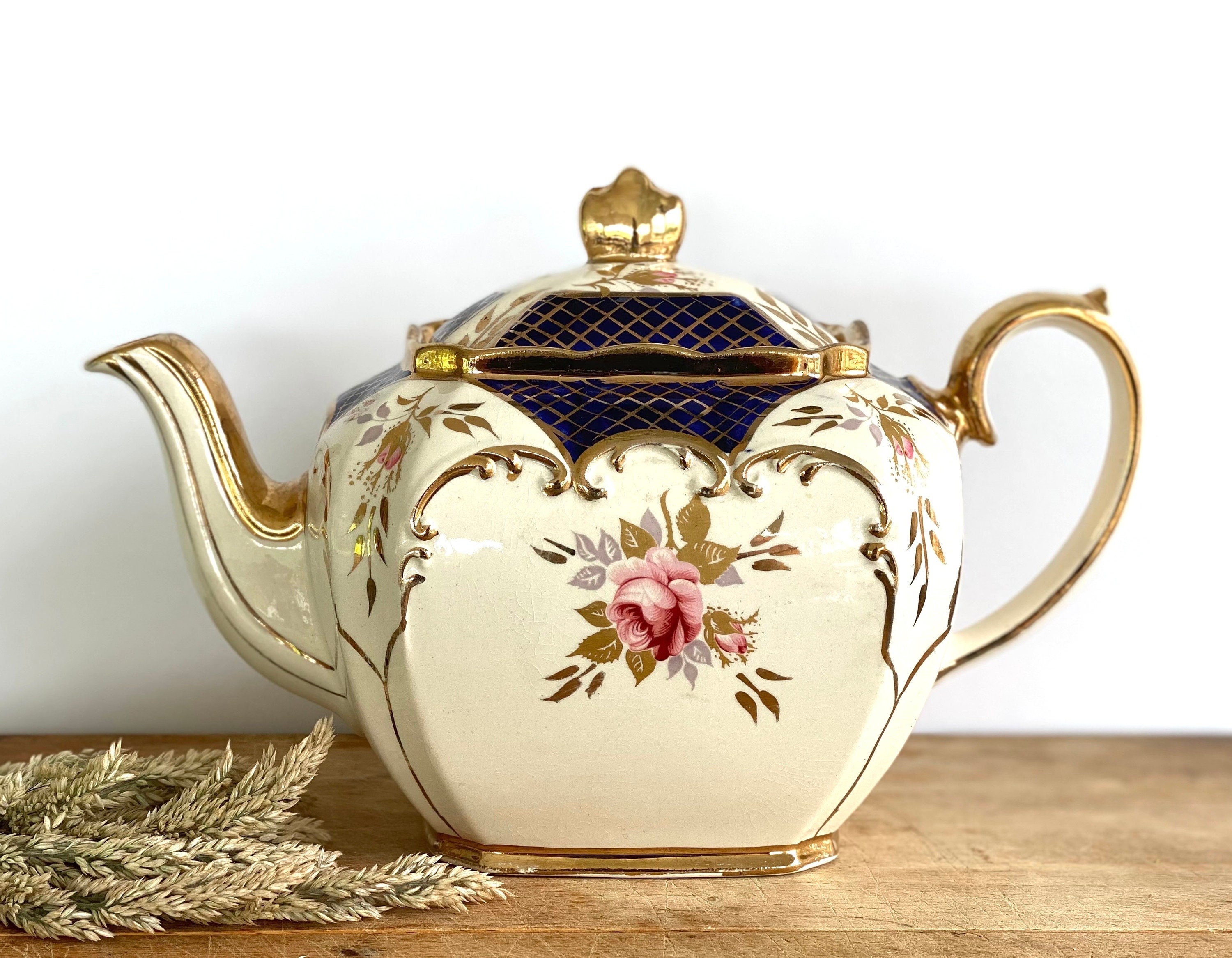 Vintage Sadler Cube Teapot #2671 | Cobalt Blue With Pink Florals