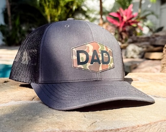 Dad Trucker Hat, Dad Gift, New Dad Gift, Gift For Husband, Trucker Hat, Camo Dad Leather Patch Hat, Richardson, Gift for Dad, Camo Dad Hat