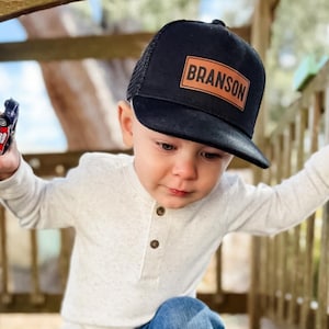 Leather Patch Hat, Personalized, Flat Bill, Custom Infant Toddler Kids Youth Snapback Hat, Trucker Mesh Back Hat Boy, Boy Name Hat