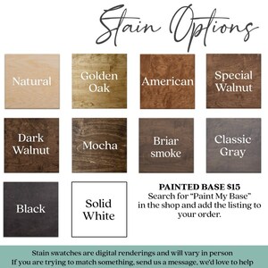 Op de afbeelding: Vlek kleur opties voor hout: Natuurlijk, Golden Oak, Amerikaans, Special Walnut, Dark Walnut, Mocha, Briar rook, Classic Grey, Zwart, Solid White.  Geschilderde basisoptie beschikbaar voor &euro;15.  Vlekstalen zijn digitale weergaven en kunnen in persoon vari&euml;ren.  Als je probeert iets te matchen, stuur ons een bericht, we helpen je graag.