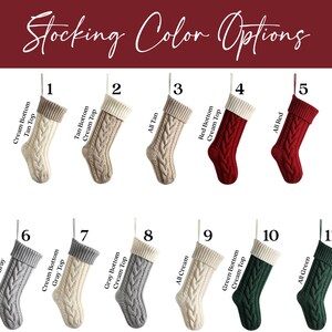 May include: Eleven different knitted Christmas stockings in various colors, including tan, red, gray, and green. Each stocking has a cream-colored cuff and a cable knit pattern. The stockings are numbered 1 through 11.