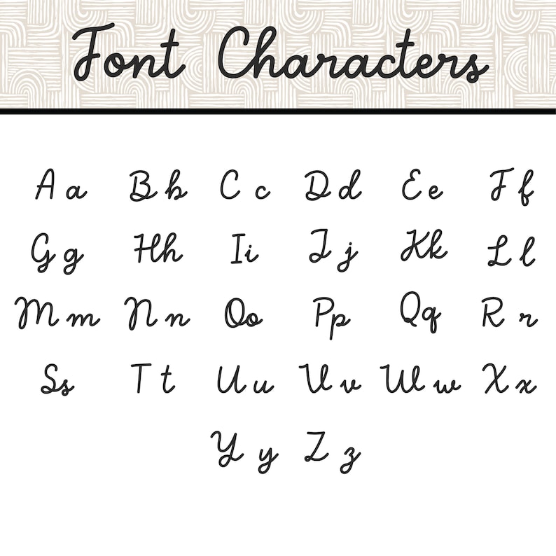May include: A chart of the English alphabet in a handwritten font style. Each letter is displayed in both uppercase and lowercase.