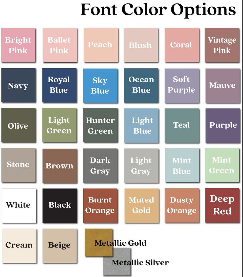 Op de afbeelding: Een kaart met letterkleuropties met 36 verschillende kleurstalen. De kleuren omvatten felroze, balletroze, perzik, blush, koraal, vintage roze, marineblauw, koninklijkblauw, hemelsblauw, oceaanblauw, zacht paars, mauve, olijf, lichtgroen, jagergroen, lichtblauw, teal, paars, steen, bruin, donkergrijs, lichtgrijs, mintblauw, mintgroen, wit, zwart, gebrande oranje, gedempt goud, stoffig oranje, diep rood, cr&egrave;me, beige, metallic goud en metallic zilver.