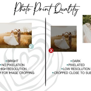 May include: Two images comparing photo print quality. The image on the left is bright, has no pixelation, and has high resolution. The image on the right is dark, pixelated, and has low resolution. The text on the image reads "Photo Print Quality".