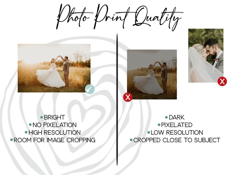 May include: Two images comparing photo print quality. The image on the left is bright, has no pixelation, and has high resolution. The image on the right is dark, pixelated, and has low resolution. The text on the image reads "Photo Print Quality".