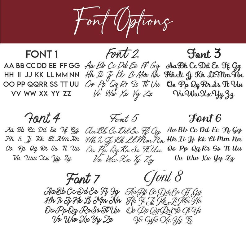 May include: A chart with eight different font styles labeled "Font 1" through "Font 8". Each font style displays the alphabet from A to Z in lowercase and uppercase.