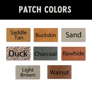 Puede incluir: Imagen que muestra una variedad de parches rectangulares en diferentes colores. Los parches est&aacute;n etiquetados con nombres de colores como "Saddle Tan", "Buckskin", "Sand", "Duck", "Charcoal", "Rawhide", "Light Brown" y "Walnut". El texto "PATCH COLORS" est&aacute; en la parte superior.
