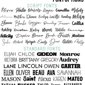 Op de afbeelding: Een lijst met namen in twee verschillende lettertypen: schrijfletter en standaard. De namen in schrijfletter zijn Olivia, Hallie, Blakely, Logan, Camilla, Melody, Alexis, Matthew, Diane, Evelyn, Lucille, Ainsley, Melisa, Shannon, Blanche, Greyson, Brinley, Trevor, Callie, Ashley, Kristen, Hailey, Maren, Natalie, Lainey, Felicity, Daphne, Bruno, Brooke, Faith, Madison, Sadie, Robert, Harper, Emily, Drew, Aiden en Molly. De namen in standaardlettertype zijn Elijah, Chloe, Gideon, Monroe, Victoria, Brittany, Gregory, Audrey, Lane, Lincoln, Owen, Carter, Ellen, Oliver, Beau, Ava, Savannah, Mason, Saint, Alexa, Karen, Mateo, Tatum, Tucker, Tyler, Ivan en Alexander.