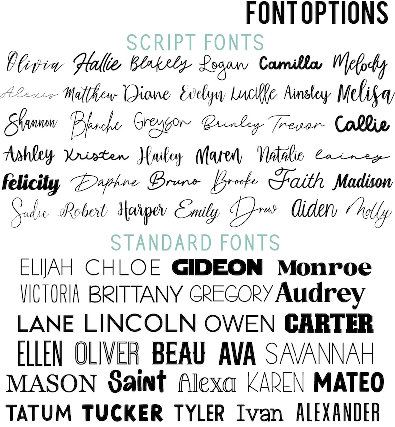 Op de afbeelding: Een lijst met namen in twee verschillende lettertypen: schrijfletter en standaard. De namen in schrijfletter zijn Olivia, Hallie, Blakely, Logan, Camilla, Melody, Alexis, Matthew, Diane, Evelyn, Lucille, Ainsley, Melisa, Shannon, Blanche, Greyson, Brinley, Trevor, Callie, Ashley, Kristen, Hailey, Maren, Natalie, Lainey, Felicity, Daphne, Bruno, Brooke, Faith, Madison, Sadie, Robert, Harper, Emily, Drew, Aiden en Molly. De namen in standaardlettertype zijn Elijah, Chloe, Gideon, Monroe, Victoria, Brittany, Gregory, Audrey, Lane, Lincoln, Owen, Carter, Ellen, Oliver, Beau, Ava, Savannah, Mason, Saint, Alexa, Karen, Mateo, Tatum, Tucker, Tyler, Ivan en Alexander.