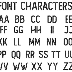 May include: A black and white image of the alphabet in a blocky, distressed font. The letters are arranged in rows of five, with each letter repeated twice.